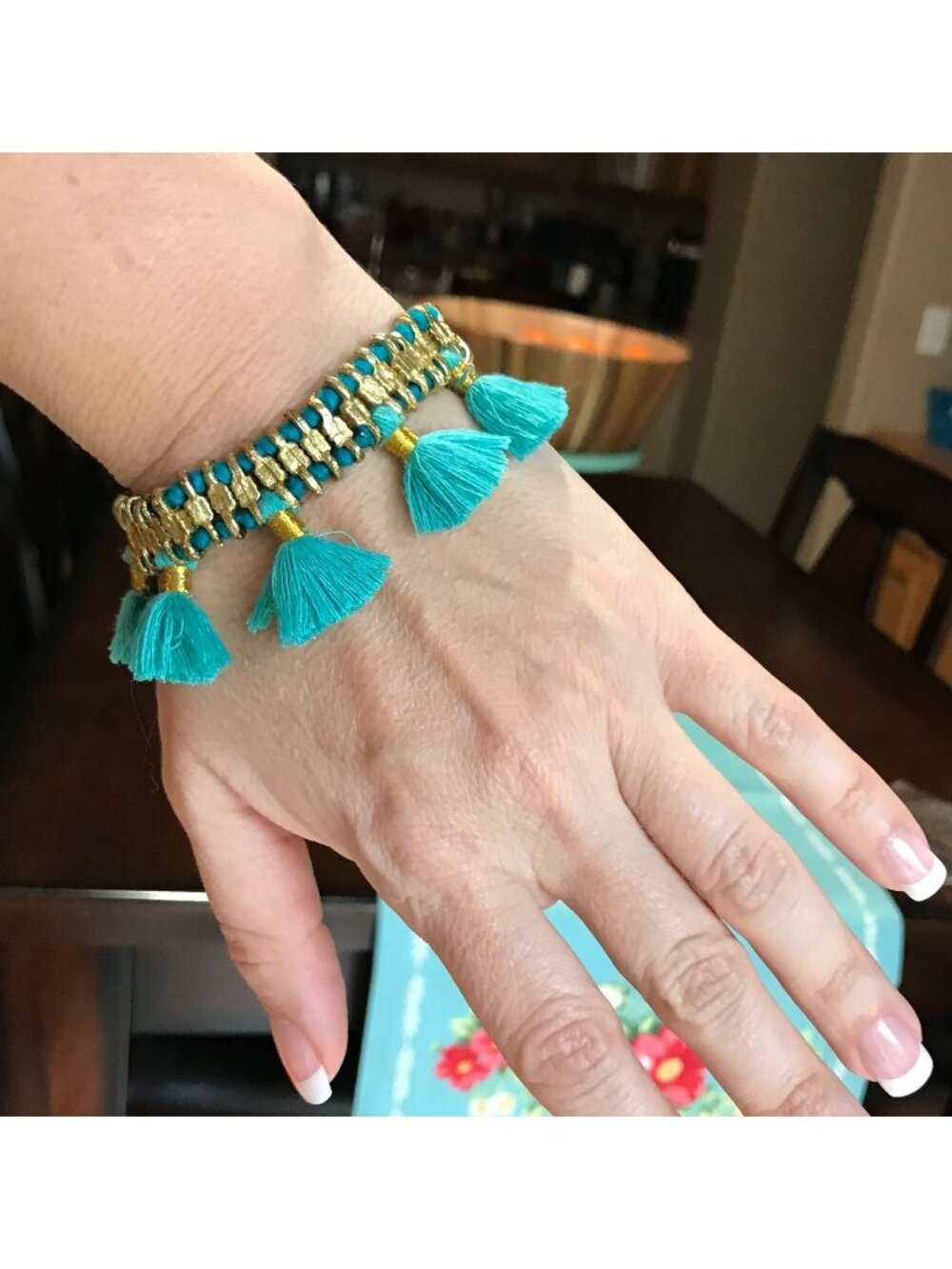 NWT Anthropologie Festival Jewelry Felicity Bracelet Gold Teal Tassel Whimsical
